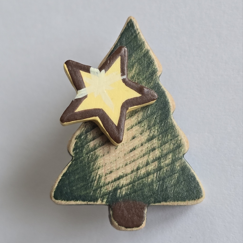 Handmade Christmas Tree brooch painted  wood holiday spruce pine pin